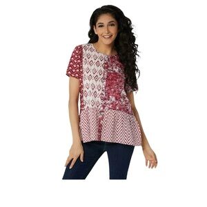 LOGO by Lori Goldstein Burgundy & White Patterned Tunic Top, Pearl Buttons, Sz L